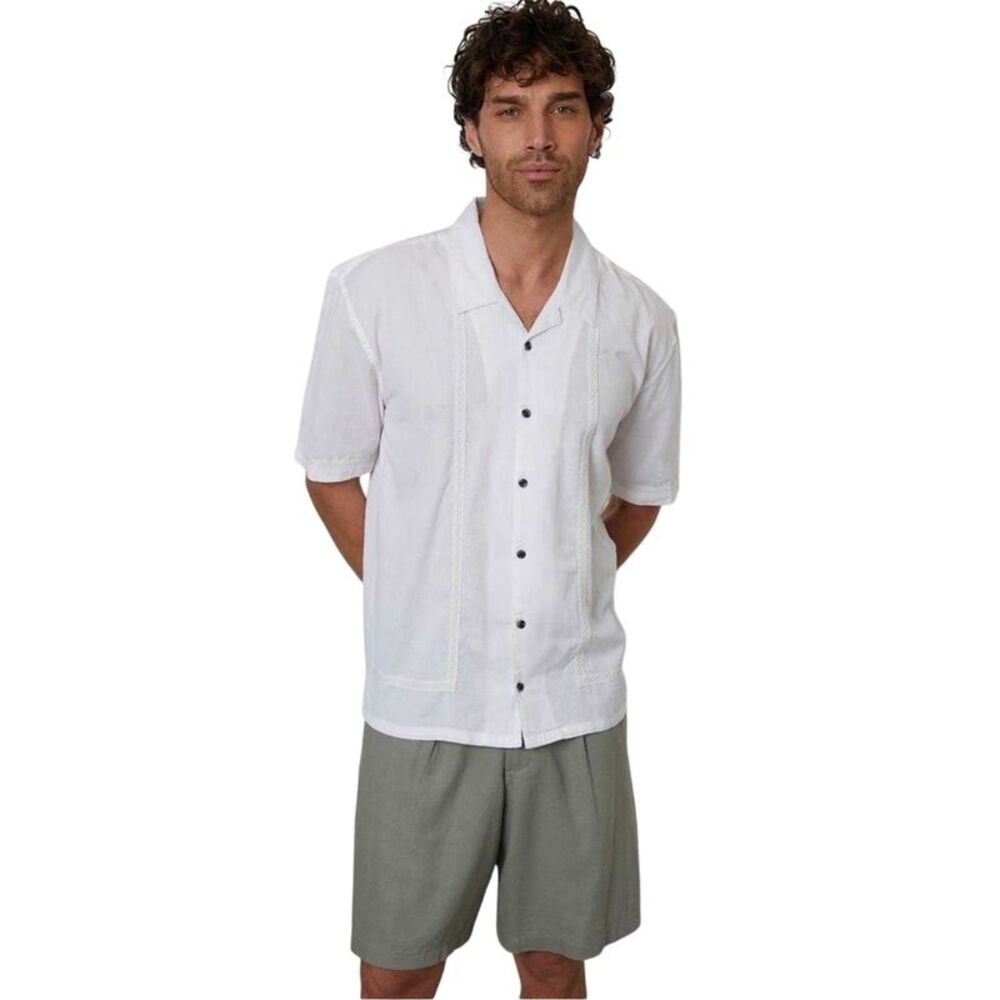 Threadbare Mens Embroidered Collared Short-Sleeved Bowling Shirt / White